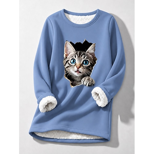 Damen Pullover Fleecegefüttert Sweatshirt Druck Grafik Tier Katze Warm Lässig Sherpa Langarm Rundhals Lange Oberteile Lässig Blau Hellrosa Schwarz Dunkelrosa Rot Herbst Winter