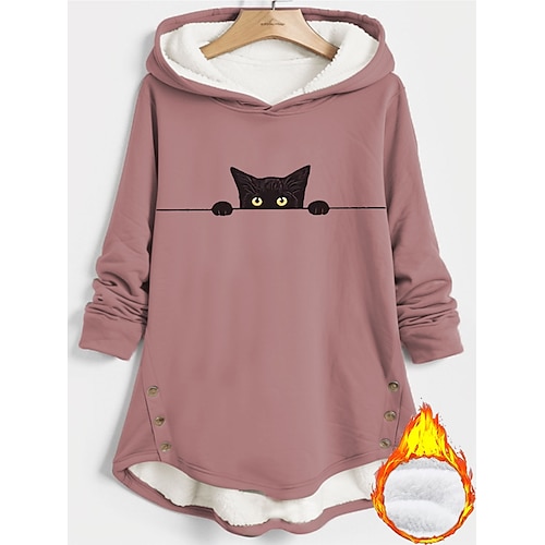 Damen Pullover Fleecegefütterter Kapuzenpullover Sweatshirt Print Grafik Tier Warm lässig Fuzzy Langarm Kapuzenoberteile Lässig Rosa Grau Herbst Winter