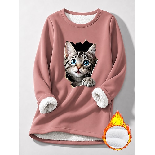Damen Pullover Fleecegefüttert Sweatshirt Druck Grafik Tier Katze Warm Lässig Sherpa Langarm Rundhals Lange Oberteile Lässig Blau Hellrosa Schwarz Dunkelrosa Rot Herbst Winter