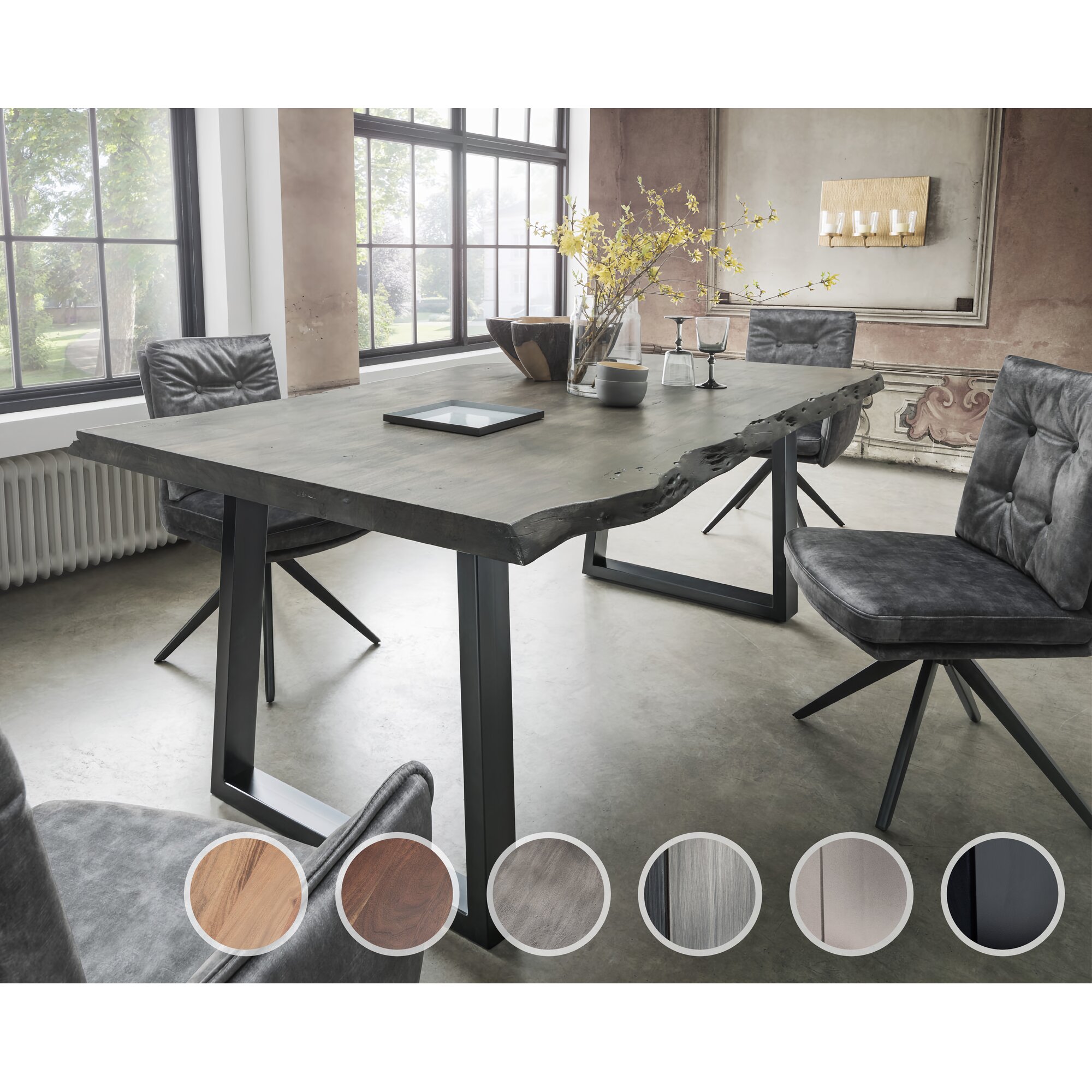 Massivholz »Thor« Akazie Baumkante-Tisch I 180x90 cm / 25mm / Akazie grau gesandstrahlt / Metall natur gewischt lackiert