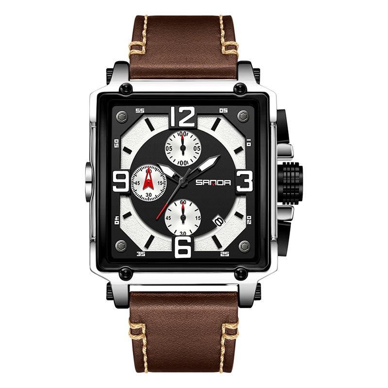 SANDA 5304 Quartz Mens Watch Waterproof Leather Strap Calendar Dress Watch belt Coffee