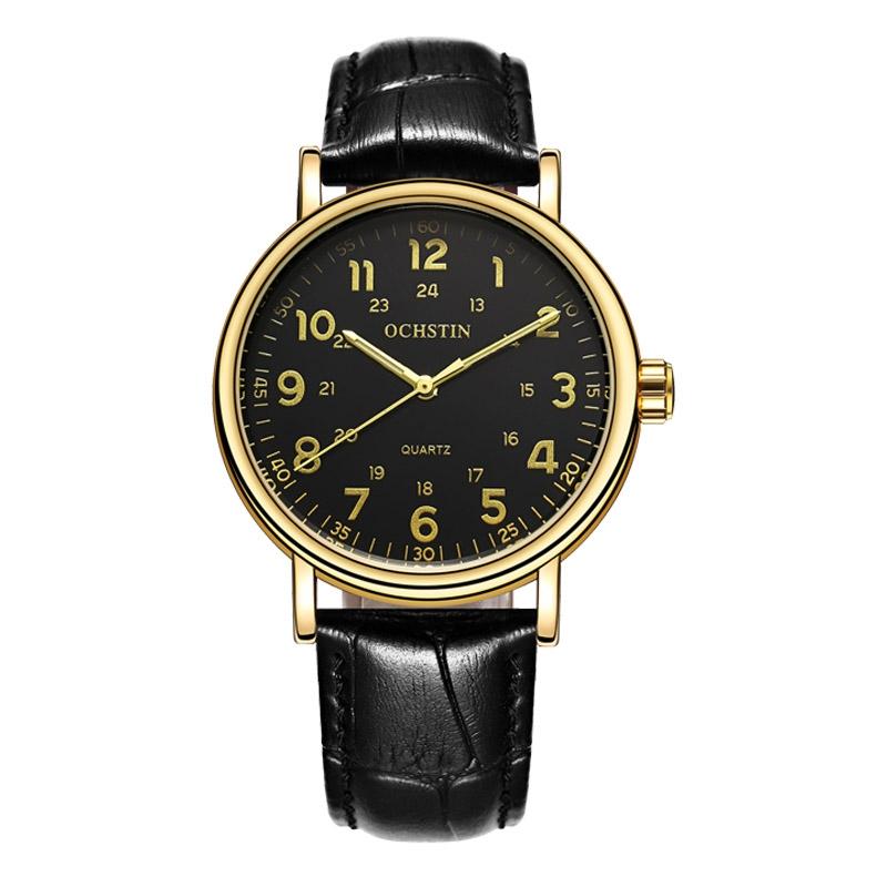 OCHSTIN 6081C Mens Leather Watch Hollow Dial Quartz Watch Business Wristwatch gold+black
