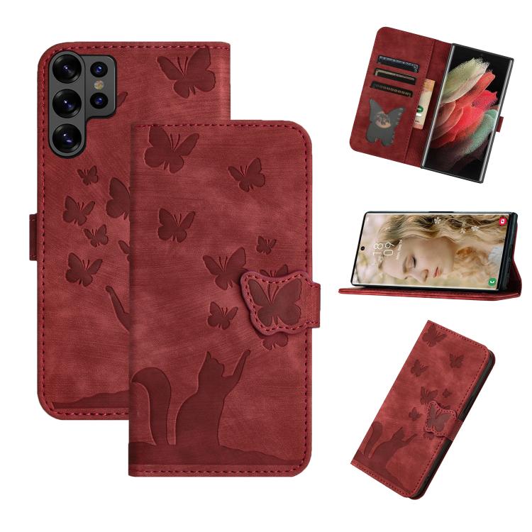 Samsung Series Case Butterfly Cat Embossed Leather Flip Cover With Stand For Samsung Galaxy S25 5G red
