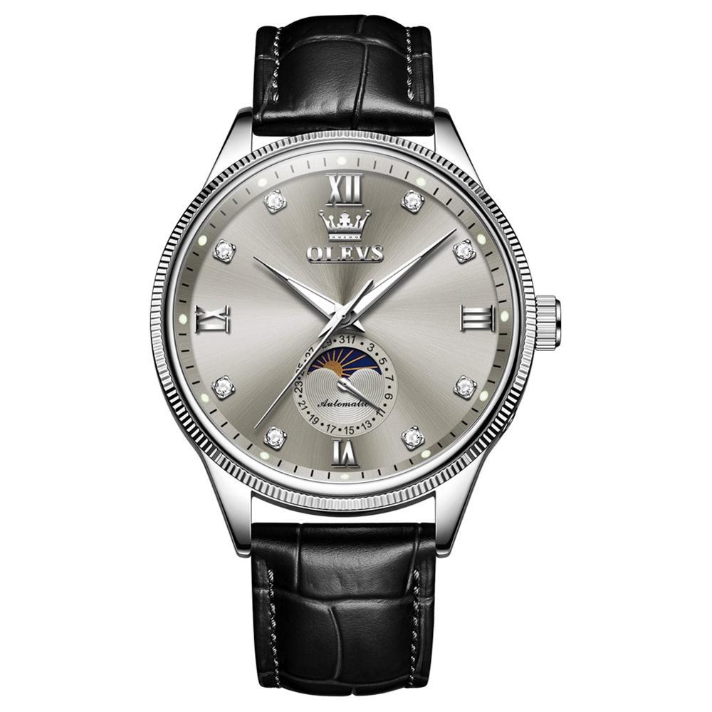 OLEVS 7039 Automatic Mechanical Watch For Men Moon Phase Leather Watch Luminous Waterproof Wristwatch grey