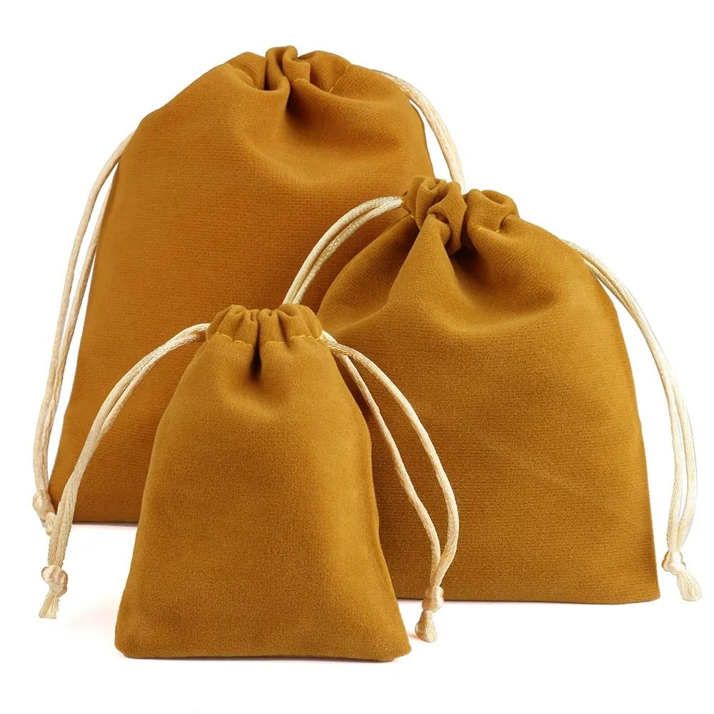 10 Piece High Quality Plush Velvet Drawstring Bags mustard 2.8 In X 3.5 In