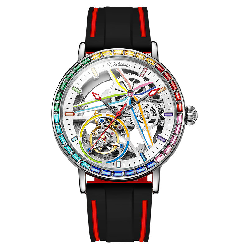 Rainbow Colored Gemstone Tourbillon Skeleton Automatic Mechanical Watch For Men silicone White