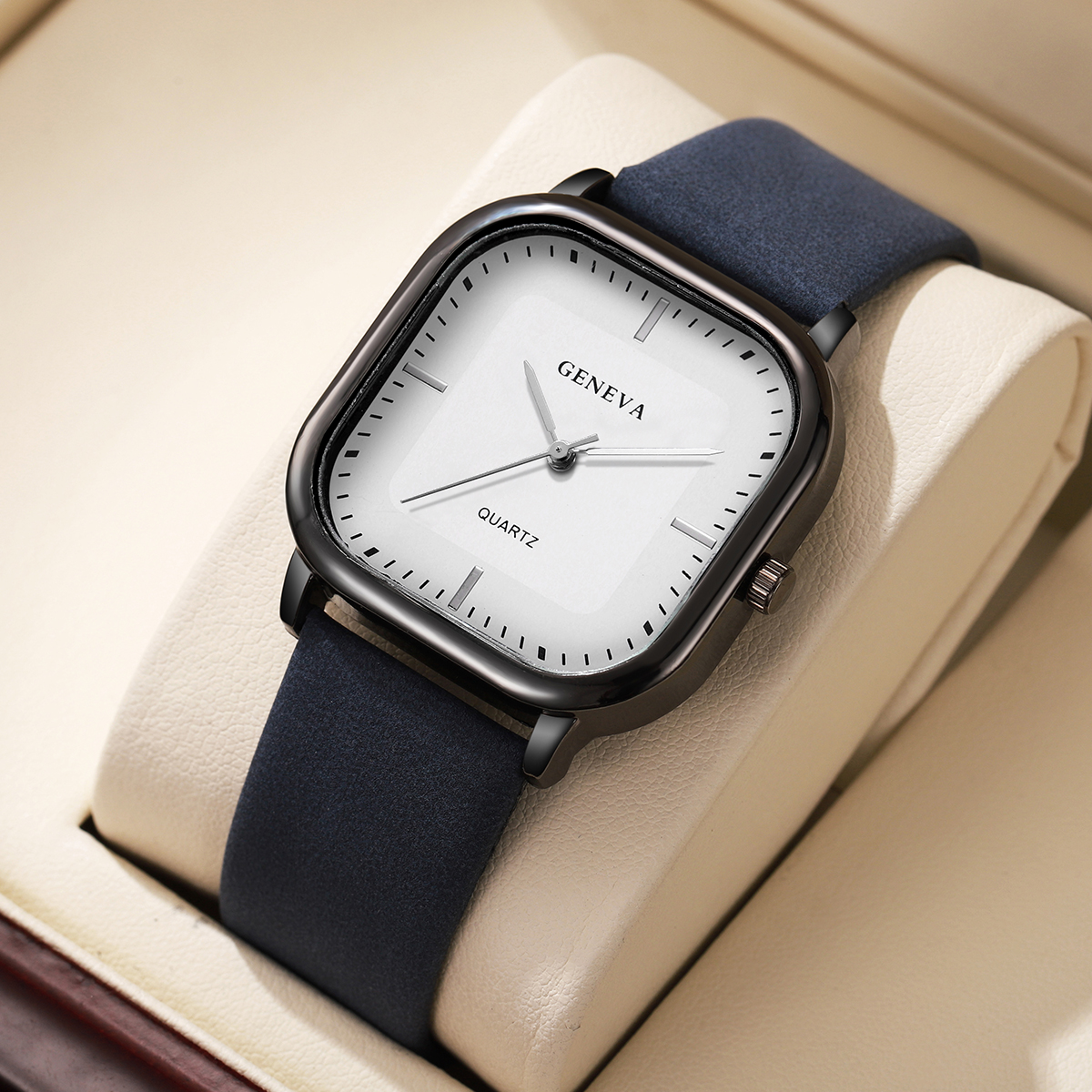 Minimalist Mens Quartz Wristwatch With Leather Strap & Square Dial blue White No Box