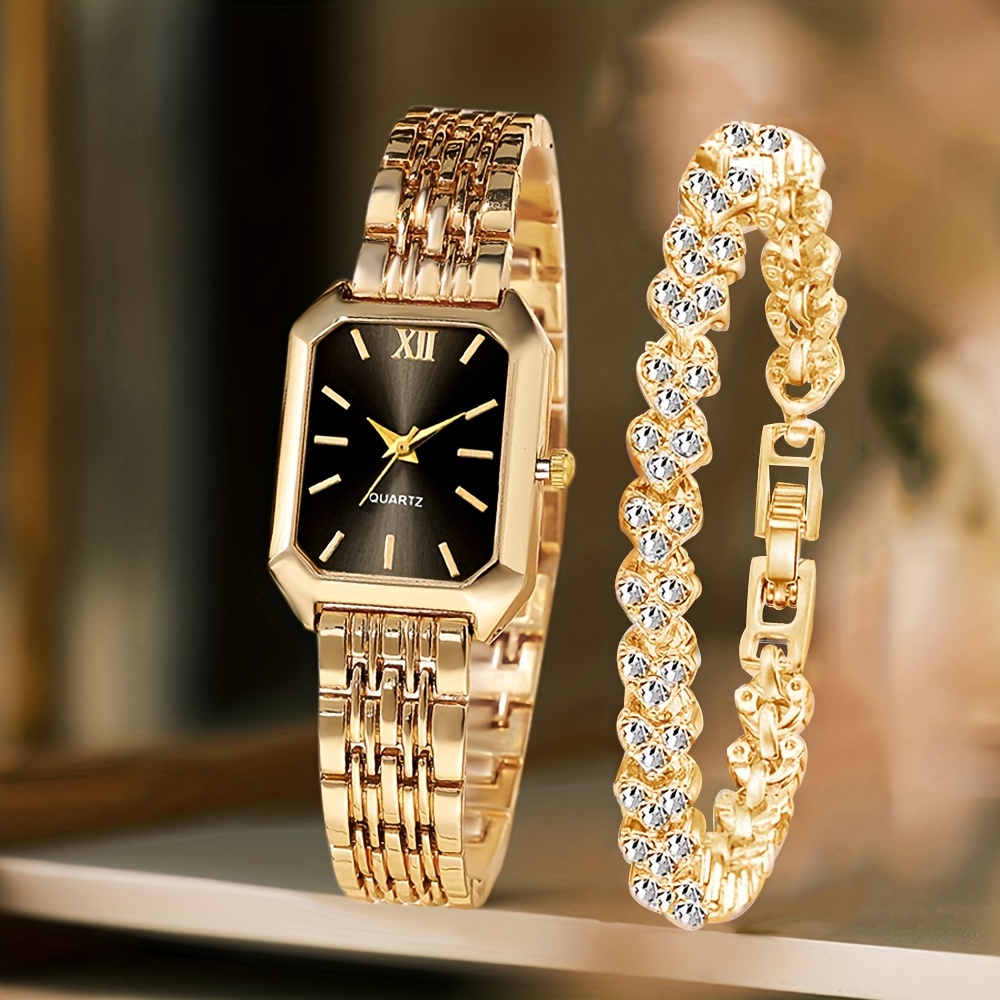 Luxury Women's Quartz Watch Set With Rhinestone Bracelet & Rectangle Roman Dial Dress Watch gold Black Kit