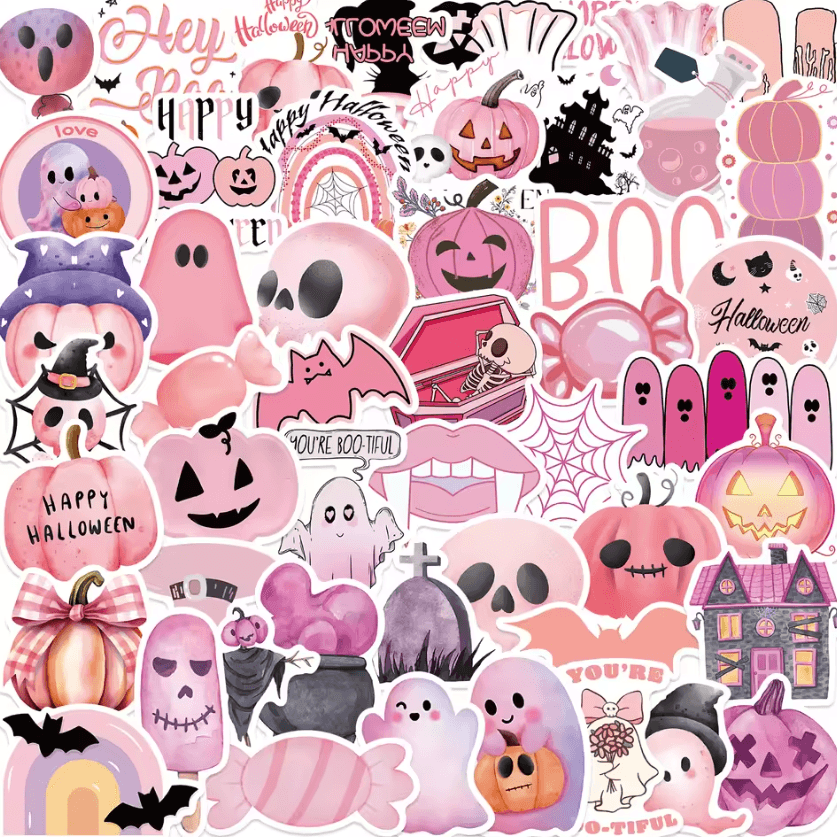 50PCS Kawaii Pink Halloween Stickers Waterproof Cute Vinyl Decal Pack 50pcs All