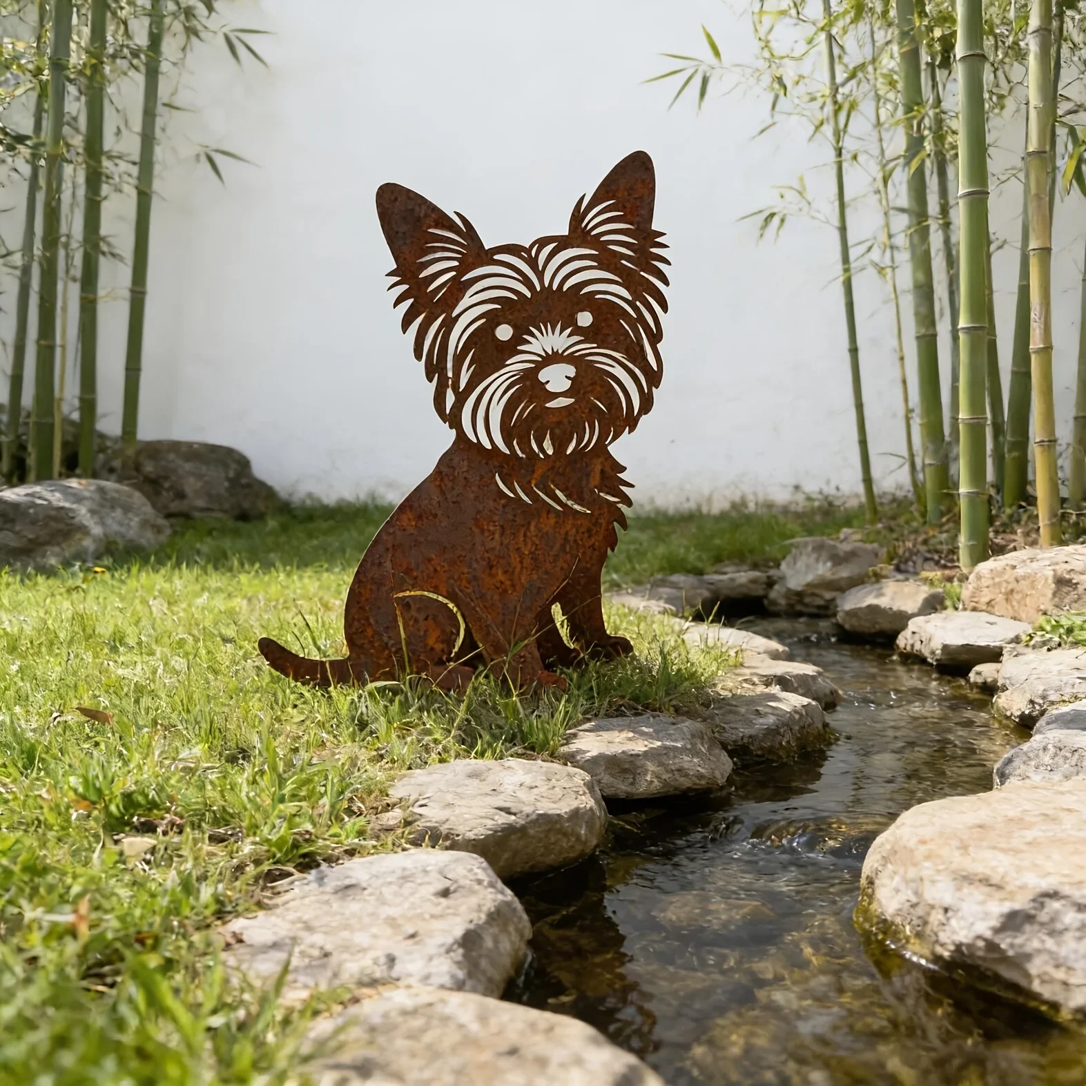 Piquet de jardin Rusty Yorkie – Ornement de pelouse résistant aux intempéries – Décoration de jardin en métal rustique – Idéal pour la terrasse et le jardin