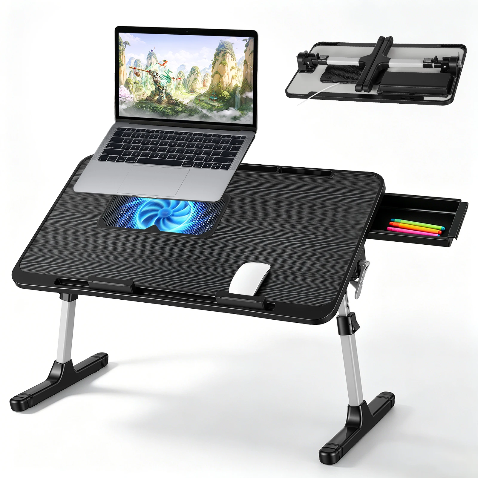 Laptoptisch fürs Bett, höhenverstellbar, winkelverstellbar, Klapptisch mit Laptop-Kühler, Schublade, Laptoptisch für Bett, Sofa, Couch, Boden (56 x 31,5 cm, schwarz)