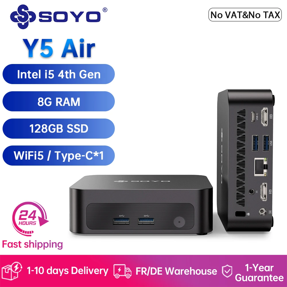 SOYO Mini-PC Y5 Air Intel Core i5 4. Generation CPU mit 8 GB RAM, 128 GB M.2 SSD, Mini-Desktop-Computer, Dual 4K Display, WiFi 5, BT4.2, USB-C