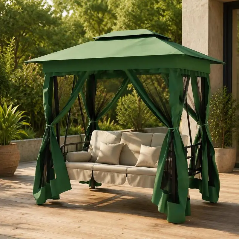 Balançoire de jardin avec gazebo 3 x 4 m, structure en acier, auvent en tissu Oxford, rideaux occultants et moustiquaire pour terrasse, jardin, cour arrière, salon de jardin