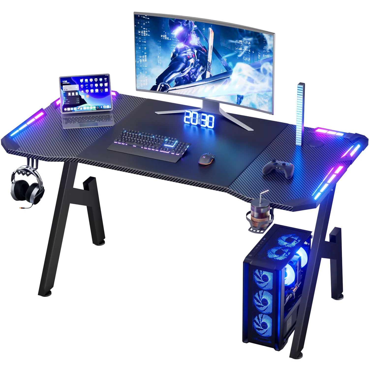 FRODROVIA RGB LED Gaming-Schreibtisch mit App-gesteuerter Beleuchtung, A-förmiger stabiler Metallrahmen, Gaming-Tisch mit Carbonfaser-Oberfläche, ergonomischer gebogener Computertisch mit