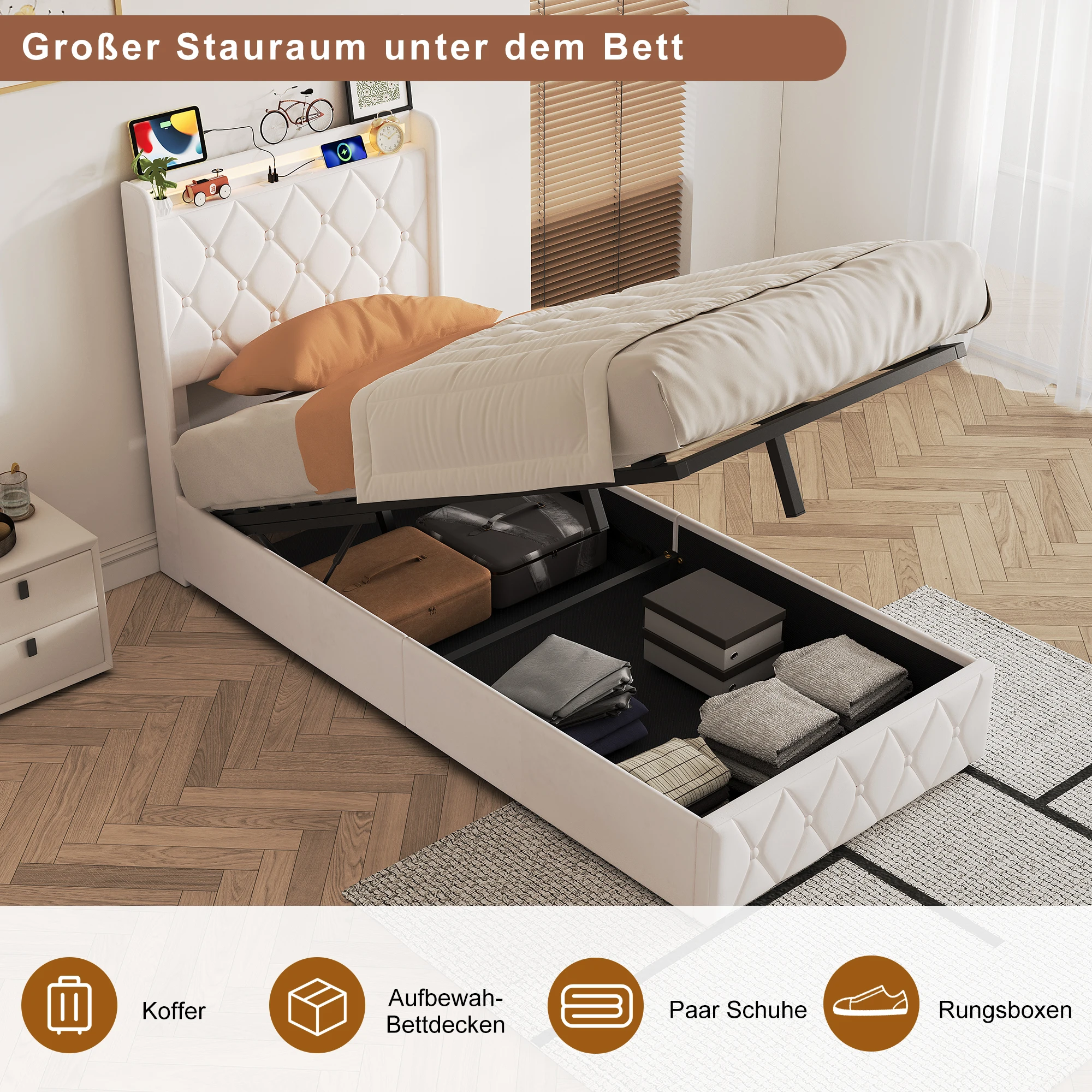 Superaly, 90 x 200 cm Einzelbett, hydraulisches Bett, Schlafzimmerbett, Jugendbett, Bett mit Kopfteil und Stauraum für kleine Schlafzimmer, gepolstertes Bett, Samtstoff, Beige, Matratze nicht im