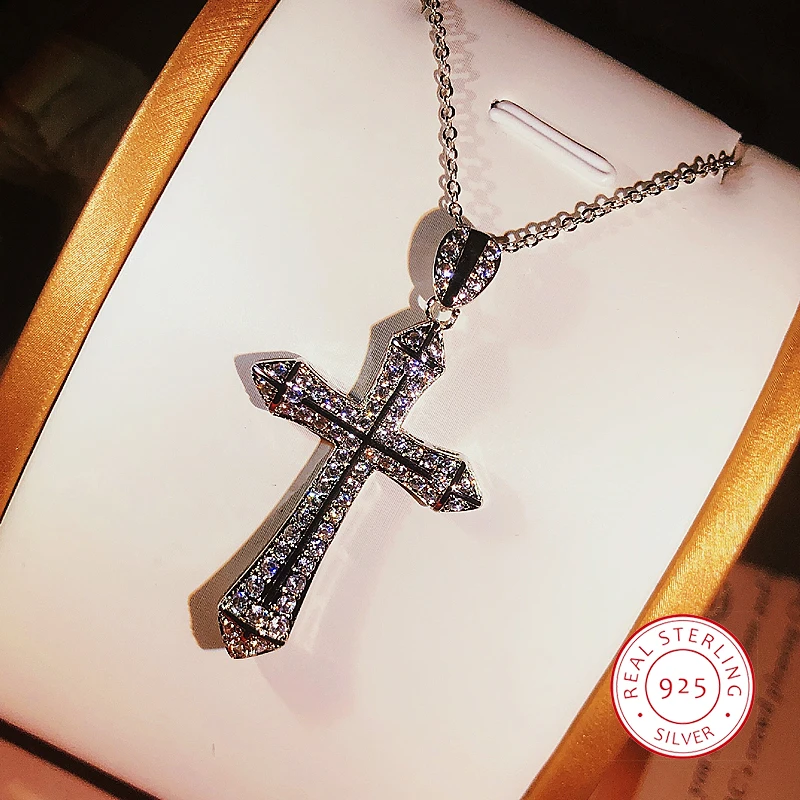 Mode Vintage handgemachte Hip Hop Big Cross Zirkon Anhänger 925 Sterling Silber Halsband Gothic Schmuck Anhänger Halskette für Frauen