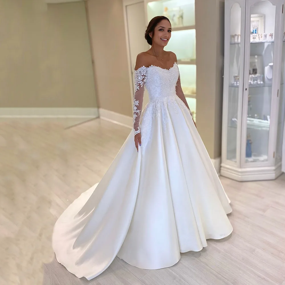 Msikoods Wedding Dresses 2026 Off Shoulder A-line Elegant Long Sleeve Brides Gown Lace Applique Women Bridal Dress Customized