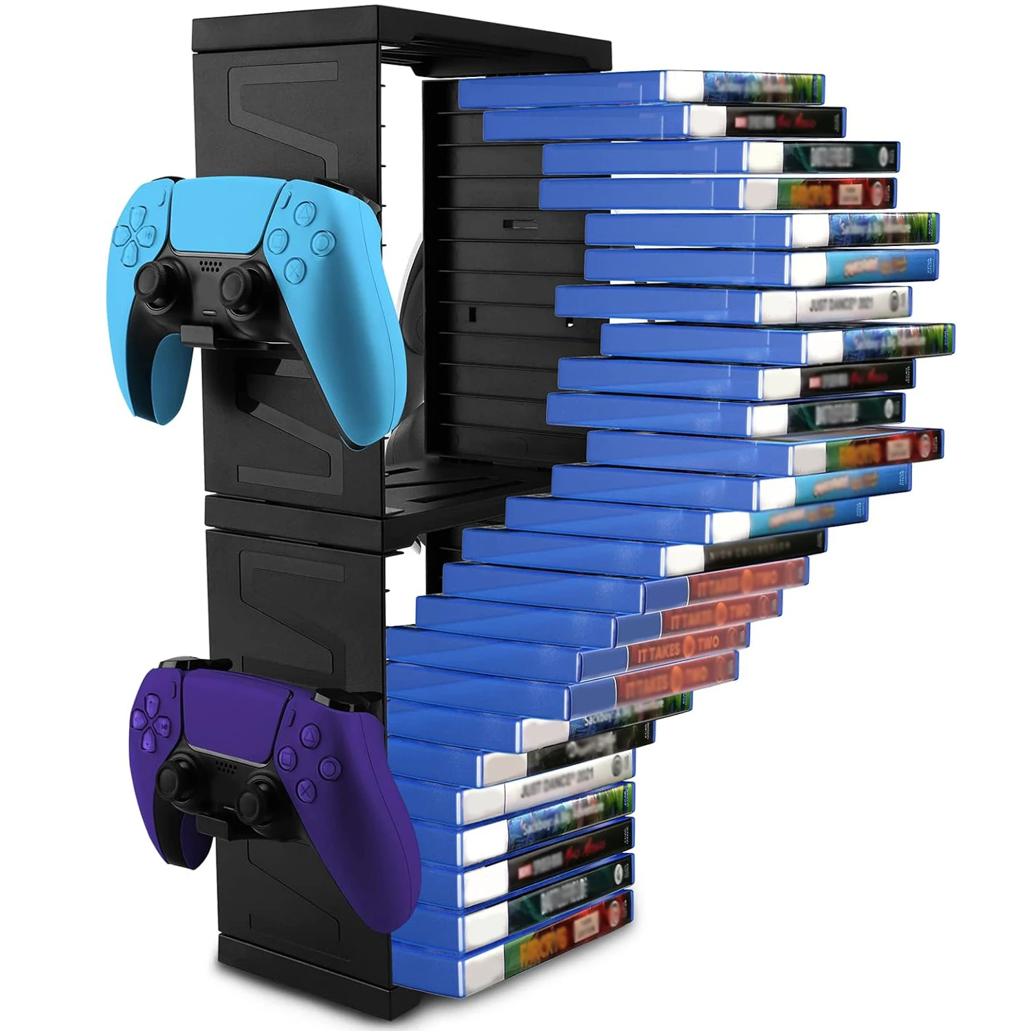 Tour de rangement pour jeux vidéo PS5/PS4/Xbox Series S & X - Organisateur universel de disques de jeux vidéo avec 24 supports, 4 emplacements pour manettes