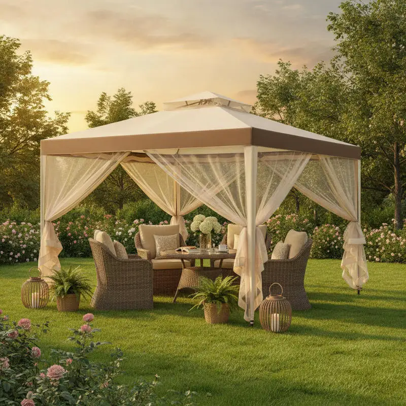 Pergola de jardin 3M x 3M avec moustiquaire pour jardin et pelouse, beige, pour patio, cour, allée de jardin, bordure de parterre de fleurs