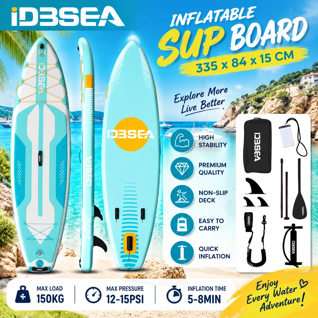 Ensemble de planches à pagaie gonflables multifonctionnelles 335x84x15cm, planche de surf pour sports nautiques, planche à pagaie flottante, adaptée aux adultes et aux adolescents pour divers sports