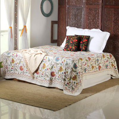 'Spring-Inspired Wool Embroidered Twin-Sized Cotton Bedspread'