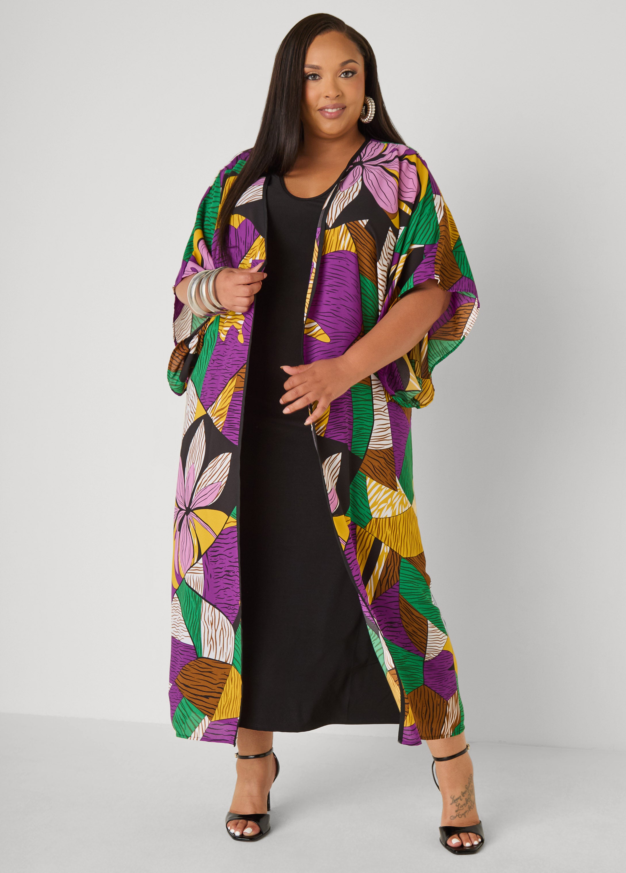 Plus Size Printed Open Front Duster