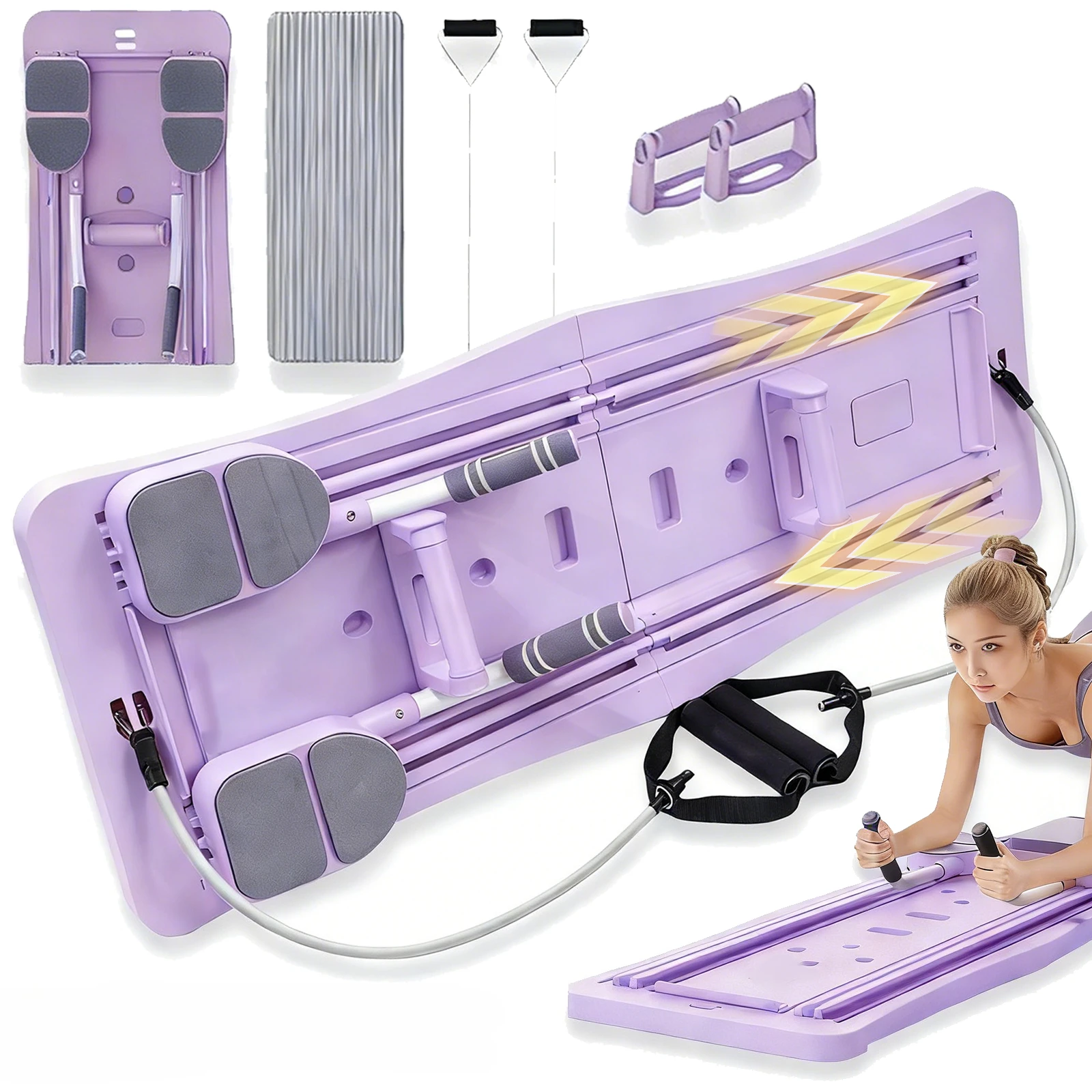 Pilates Sliding Board Foldable Fitness Reformer Platform Home Workout Equipment with Resistance Bands Abdominal Leg Training Machine Multifunctional Yoga Exercise Board Portable Full Body Workout