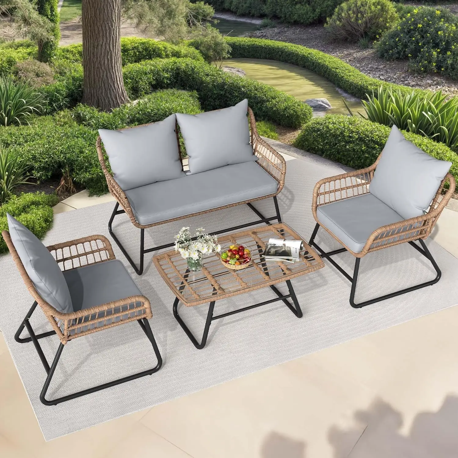 Modernes Garten-Lounge-Set (4 teile)– Wetterfestes Outdoor Sofa für Terrasse und Garten – Robuste runde Beine, bequemes Design – Perfekt für Gartenmöbel-Liebhaber