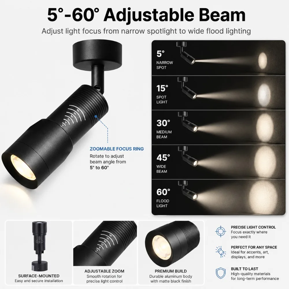 7W LED-Deckenstrahler 5 ° -60 ° Zoombare Strahlführung mit Einstellbarem Fokus, 3000K Downlight-Leuchte für Wand- und Deckenbeleuchtung