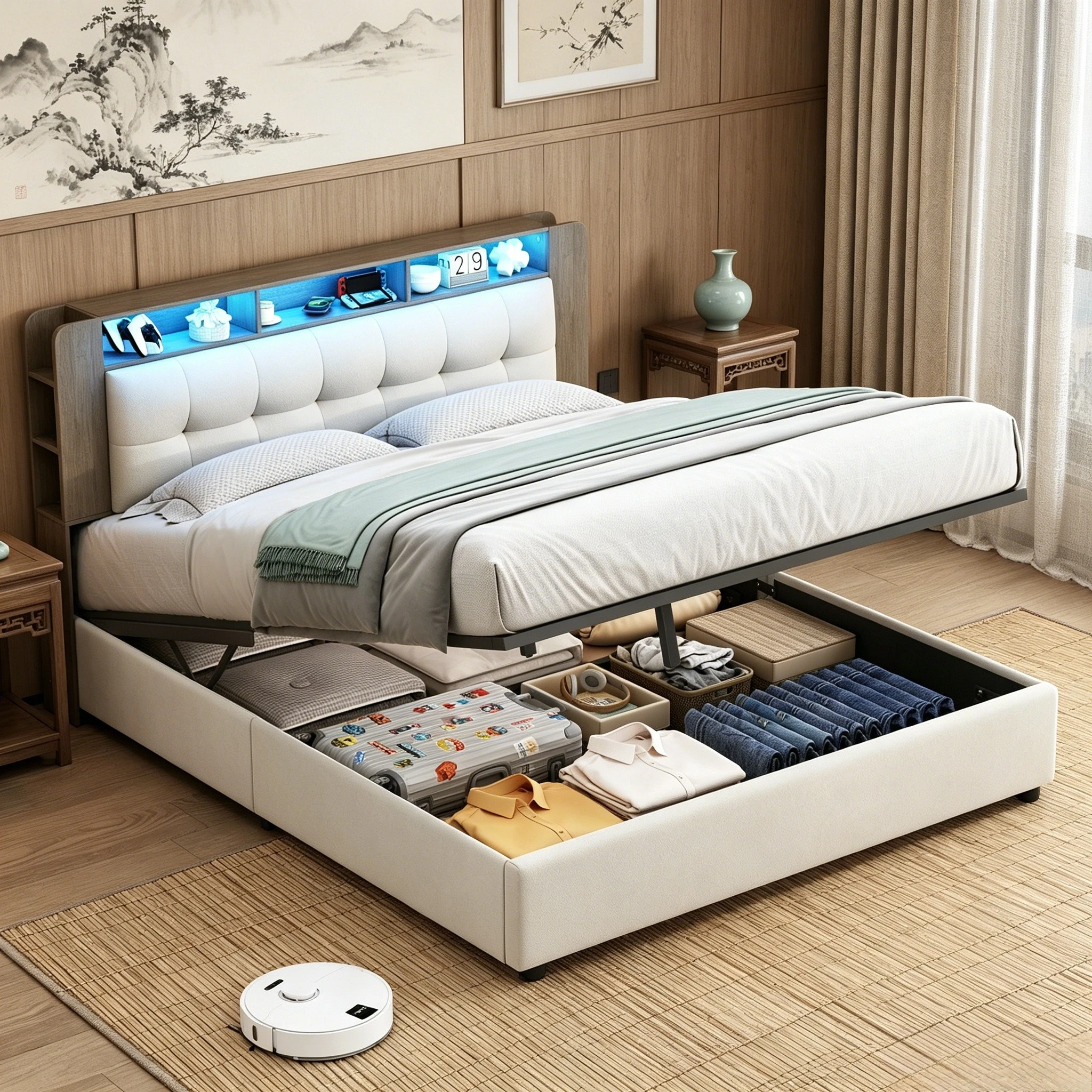 Rosahqnda Erwachsenenbett mit Stauraum, 140x200/160x200 cm, Doppelbett mit Stauraum am Kopfteil, LED-Beleuchtung, USB-Ladeanschlüssen, Lattenrost, Samt, cremefarben, ohne Matratze