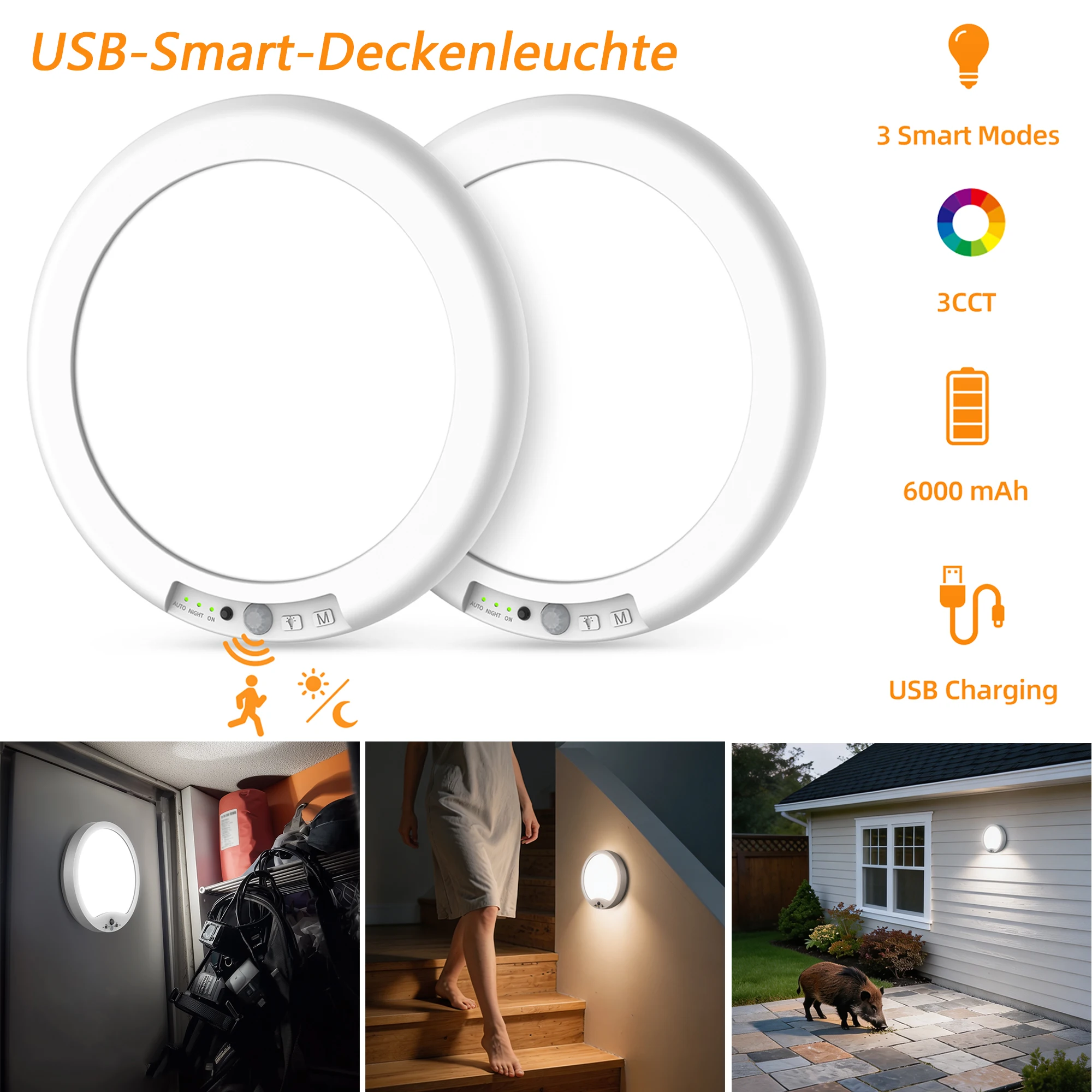 USB Smart Deckenleuchte ultradünn mit Bewegungsmelder und Wandlampe magnetisch 6000mAh Notbeleuchtung Fernbedienung LED Nachtlicht wiederaufladbar 3CCT Innen/Außen. Versand DE ohne Zoll