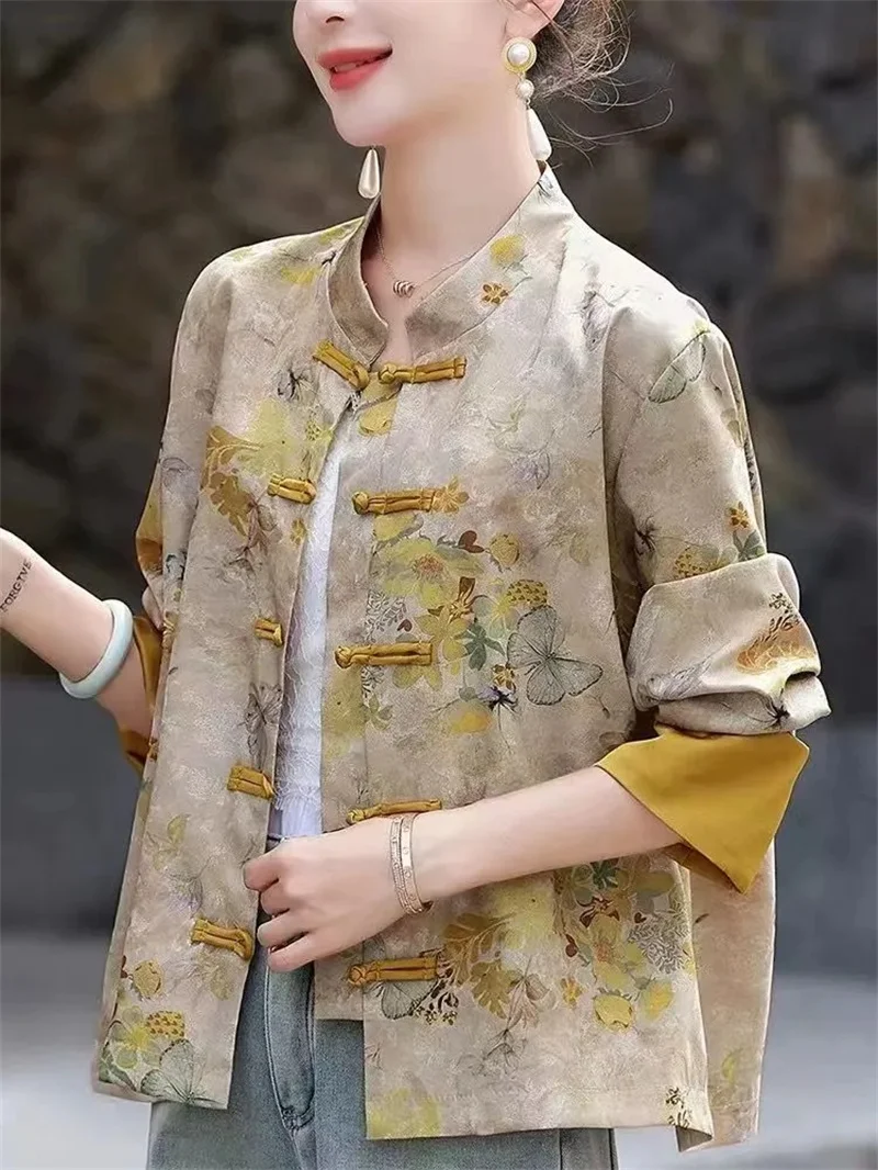 Vêtements pour femmes nouveau Style chinois haut Style chinois vêtements pour femmes haut boutonné veste imprimé manteau femme col rond chemise