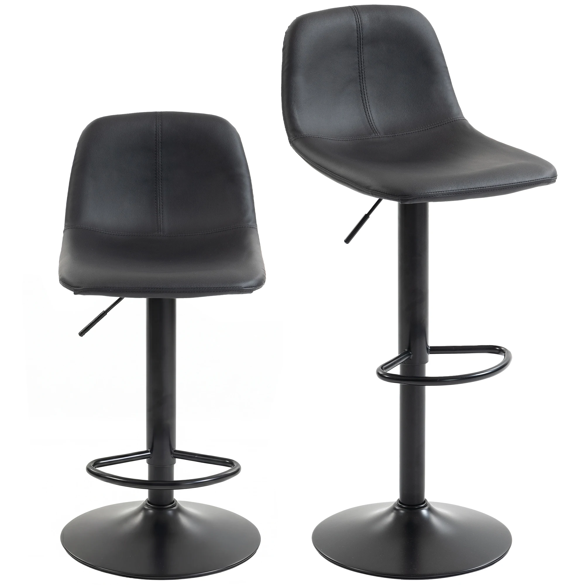 2 Barhocker HOMCOM Set, Barstühle höhenverstellbar, Rückenlehne und Fußstütze, 360° drehbar ° Stahlfüße, schwarz