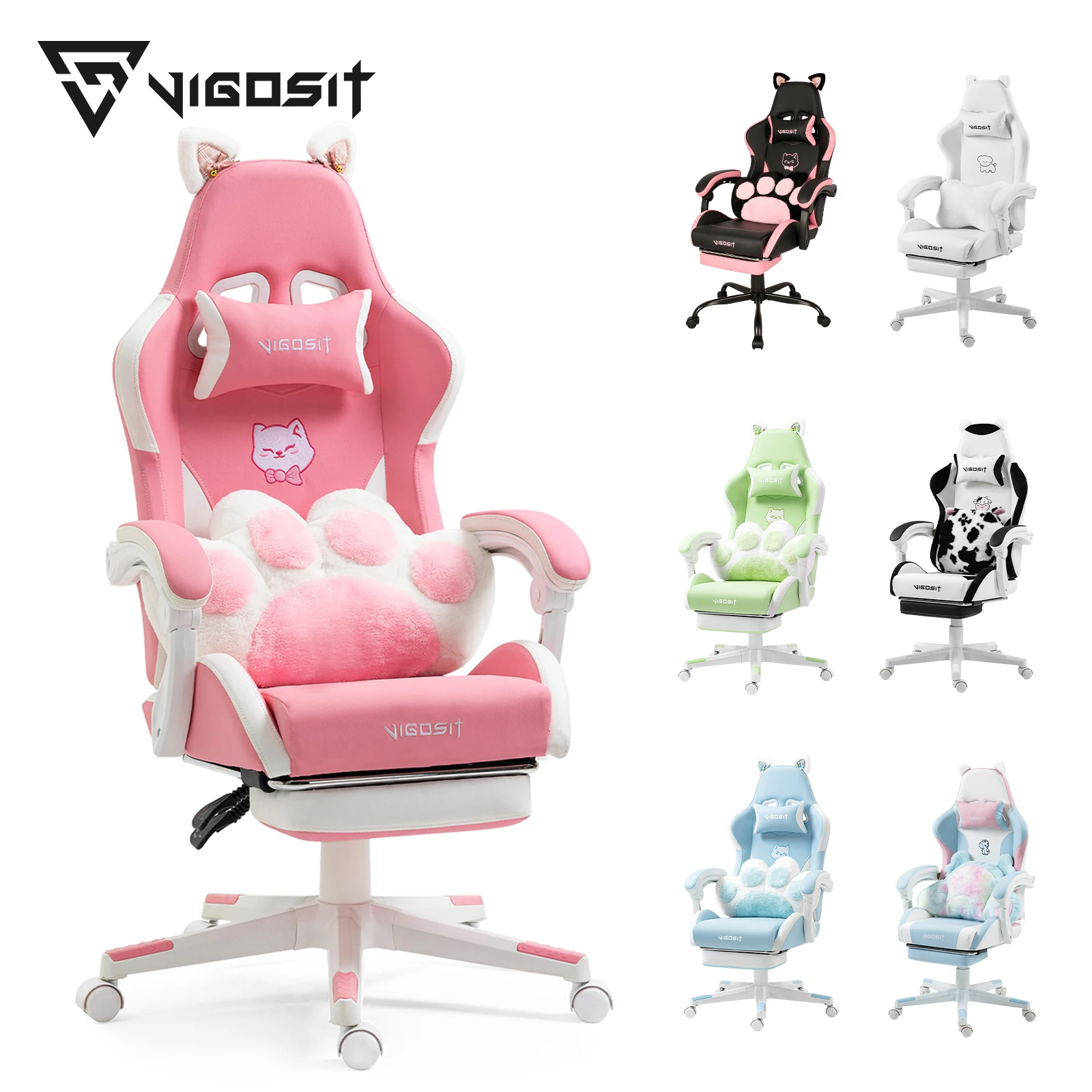 Vigosit Gaming Stuhl Niedlich mit Ohren und Kawaii Kissen, Ergonomische Computer-Spiel-Stuhl für Mädchen mit Lendenwirbelstütz