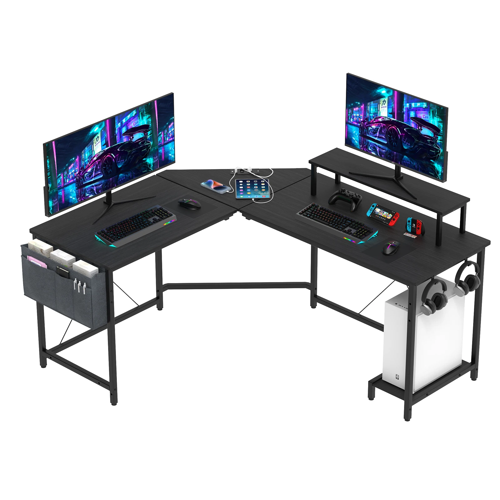 Eck-Gaming-Schreibtisch mit Bildschirmständer, Eck-Computertisch, L-förmiger Gamer-Schreibtisch zum Lernen, Spielen und Arbeiten, Carbon Schwarz 160-135x55x74cm