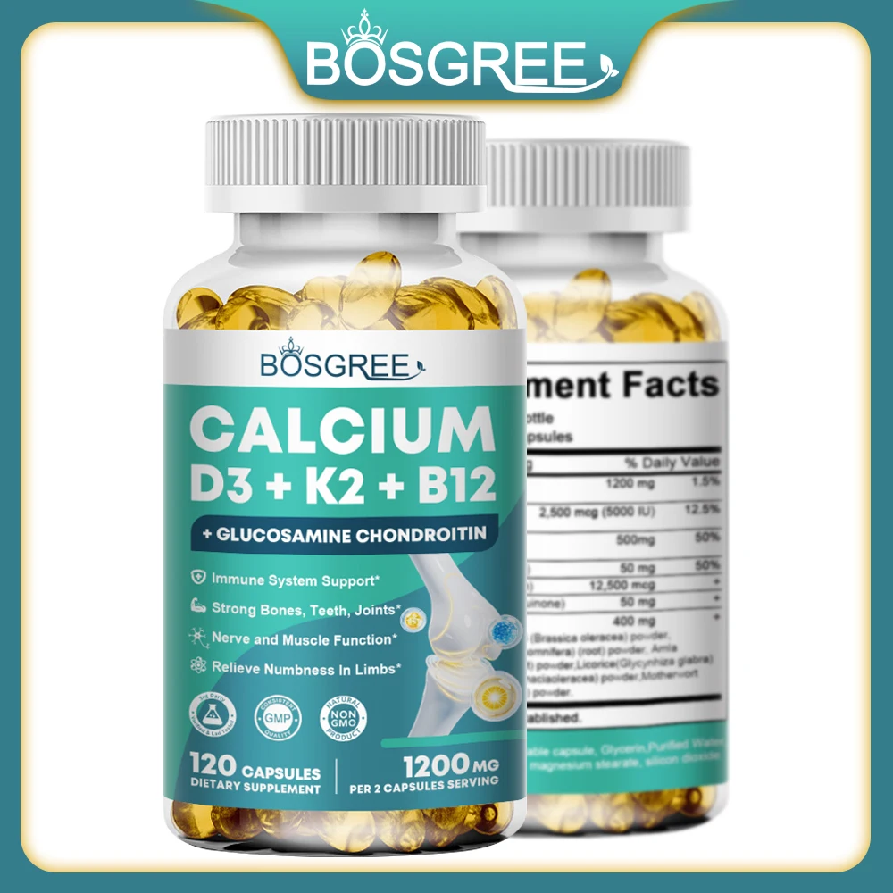 Calcium D3+K2+B12 Capsules-Immune and Muscle Health Support-Promote Bone and Tooth Health, Replenish Joints-D3 K2 Supplements