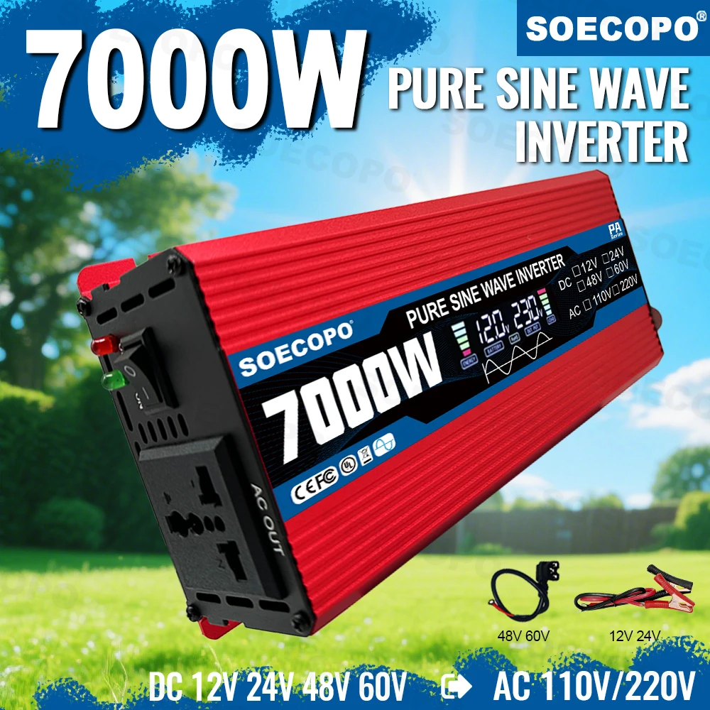 Onduleur à onde sinusoïdale Pure SOECOPO 7000W 12V pour onduleur solaire DC 12V/24V/48V/60V à AC 110V/220V onduleur de courant maison Camping RV