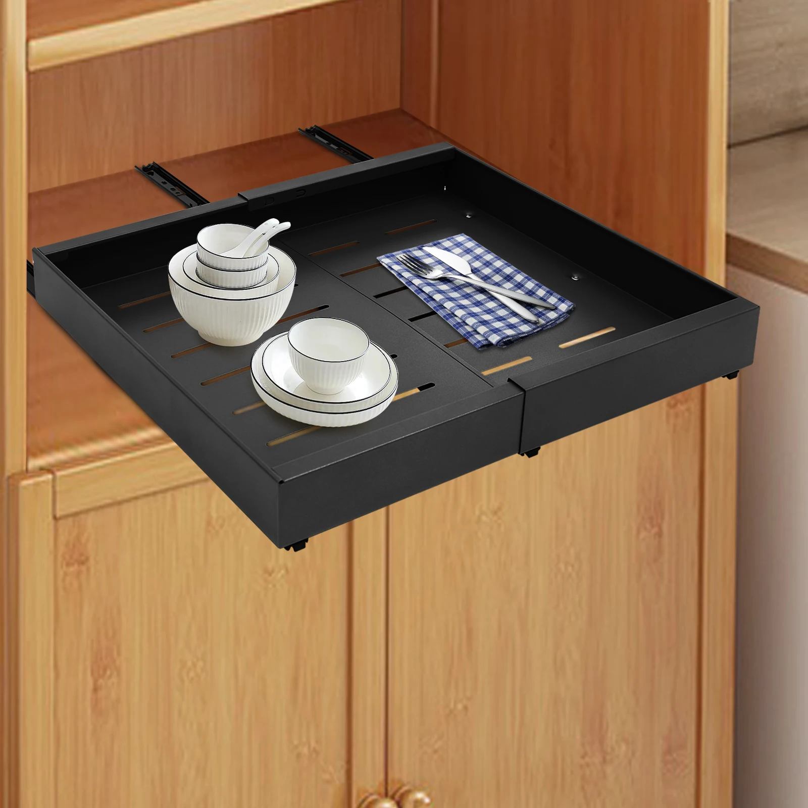 Badezimmer-Organizer, ausziehbare Küchenschrank-Schublade, maximale Tragfähigkeit 33 lbs. Küchenschrank, 32-52x42x7,5cm (Schwarz)