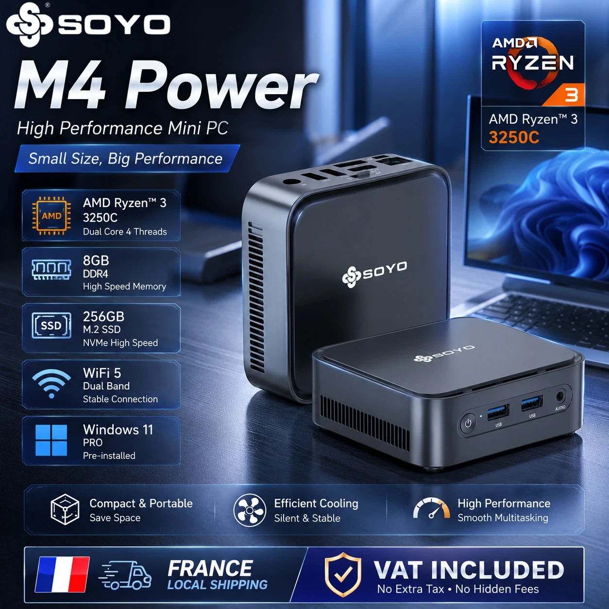 SOYO M4 Power Mini-PC AMD Ryzen 3 3250C Prozessor 8GB DDR4 RAM 256GB M.2 SSD Windows 11 PRO WiFi5+BT5.2 Hochleistungs-Mikro-Computer für Zuhause und Büro