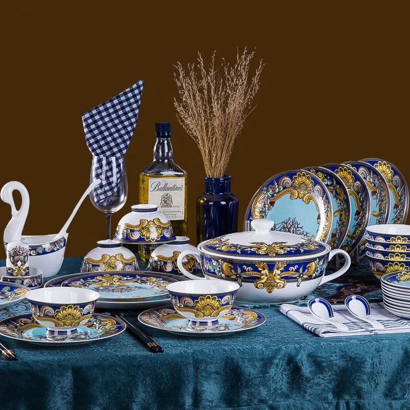 60PCS Household Jingdezhen Highend Painted Porcelain Bowl Dish Bone China Ceramic Dinner Tableware Set
