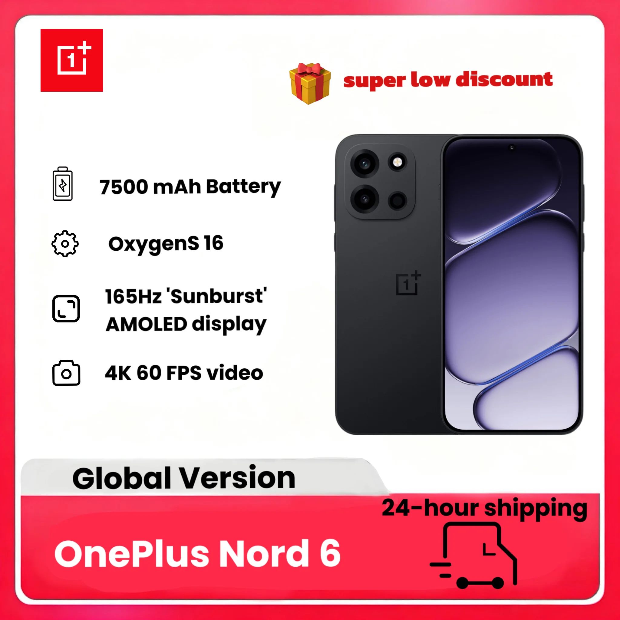 2026 NEW smartphone OnePlus Nord 6 Smartphone, édition mondiale, 8GB + 256GB, batterie 7500mAh, Snapdragon 8 série, 165Hz, caméra 50MP, sans chargeur