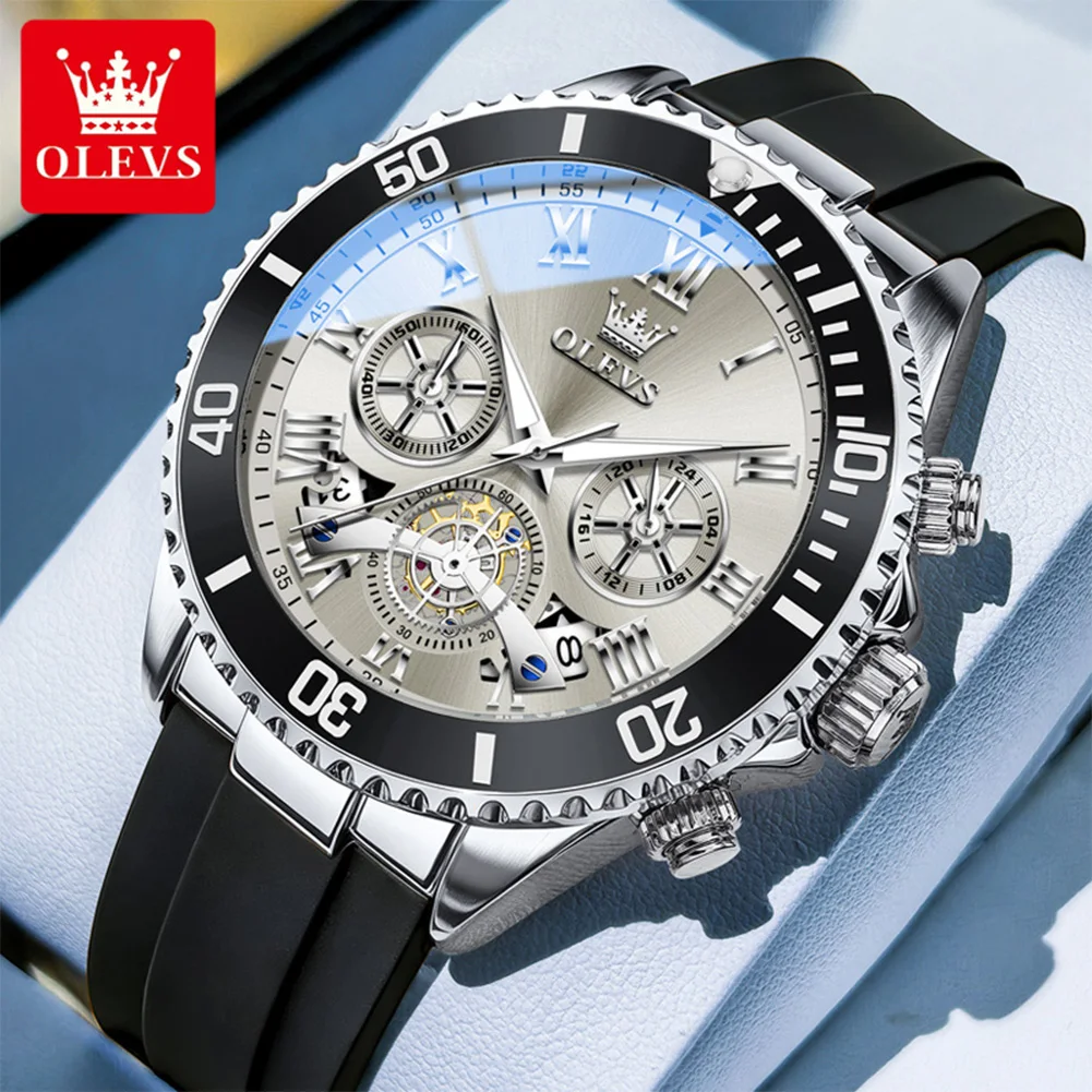 Montres OLEVS 3730 pour homme, multifonctions, quartz, bracelet en silicone, étanches, lumineuses, montres de sport pour homme, coffret cadeau