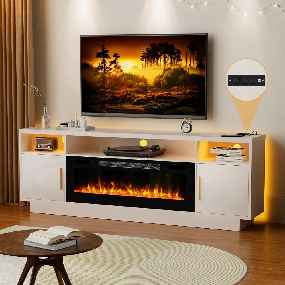 s%a 70'' TV-Ständer mit 36'' Kamin-LED-Beleuchtung Entertainment Center für Fernseher über 75 Zoll - Weißer TV-Schrank, Moderne TV-Konsole für das Wohnzimmer