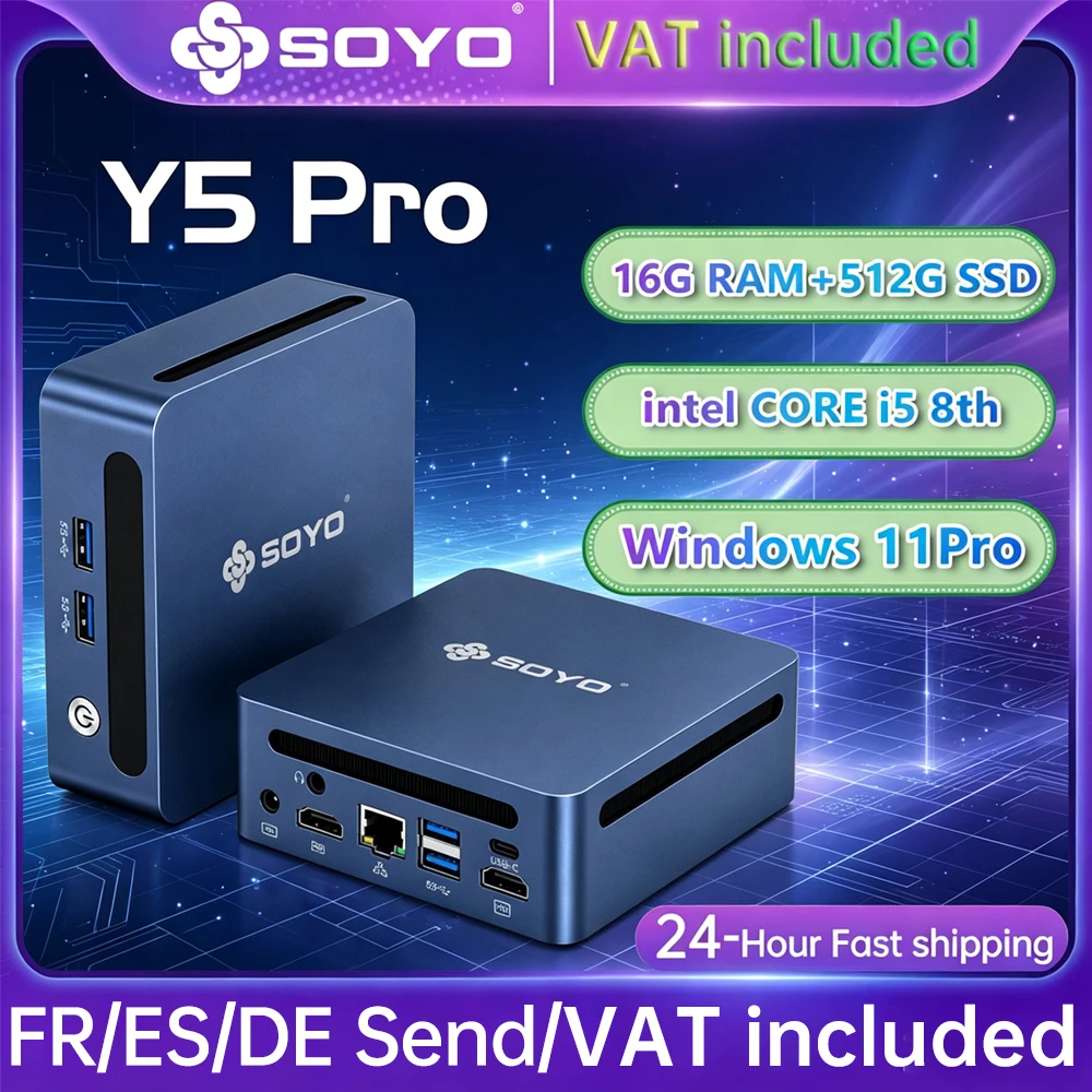 SOYO Y5 Pro Mini-PC Intel Core i5-8250U DDR4 16GB RAM 512GB SSD Windows 11 Pro Desktop-Computer USB-C HDMI RJ45 Ethernet WiFi Kleiner Mini-Desktop-PC für Homeoffice, Geschäft, tägliche Arbeit und Unterhaltung