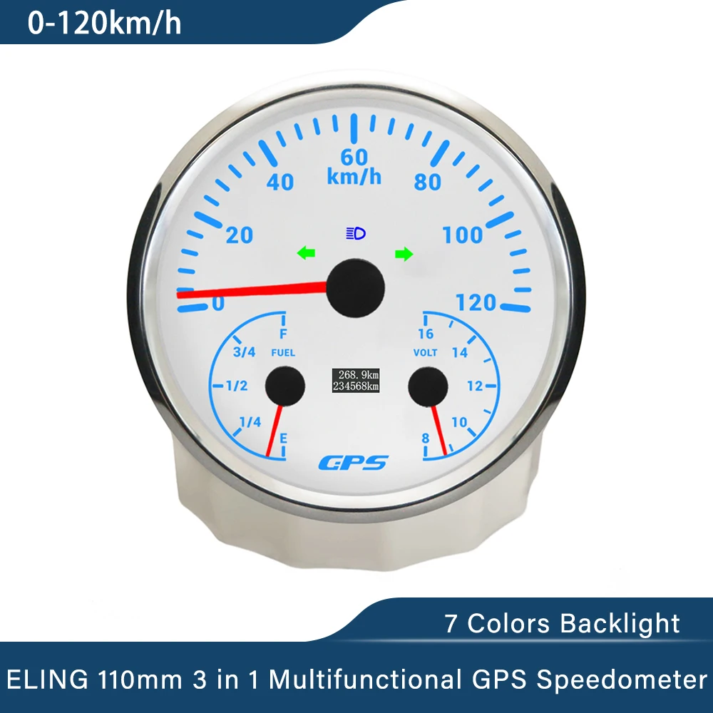 ELING 110mm 3 in 1 Multifunctional 120km/h 200MPH GPS Speedometer with Fuel Level Voltmeter 7 Colors Backlight for Car Universal