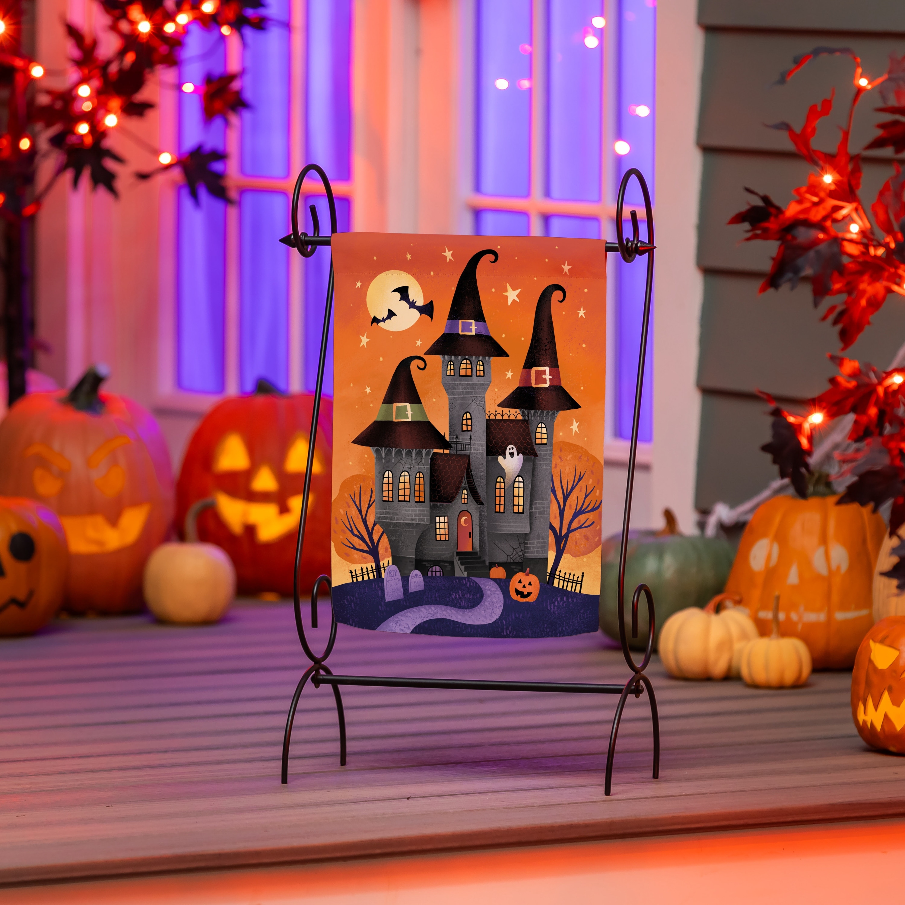 12.5" x 18" Haunted House Nighttime Suede Garden Flag