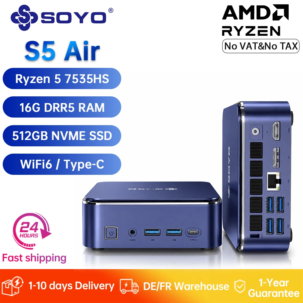 SOYO S5 Air Gaming Mini-PC Ryzen 5 7535HS 16GB RAM LPDDR5 512GB NVME SSD Desktop-Computer für Büro und Zuhause Dreifach-4K-Display WiFi 6