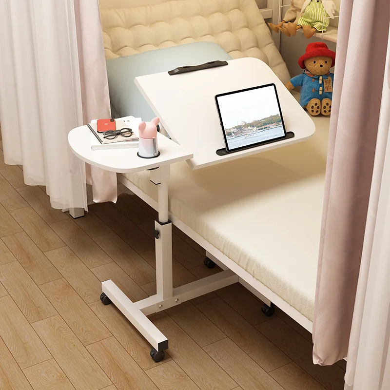 Mobiler Laptop-Schreibtisch Verstellbarer Computer-Tisch 360° ° Anhebbarer Nachttisch, weiß, stehender, rollender Arbeitstisch, 2-teilige Tischplatte