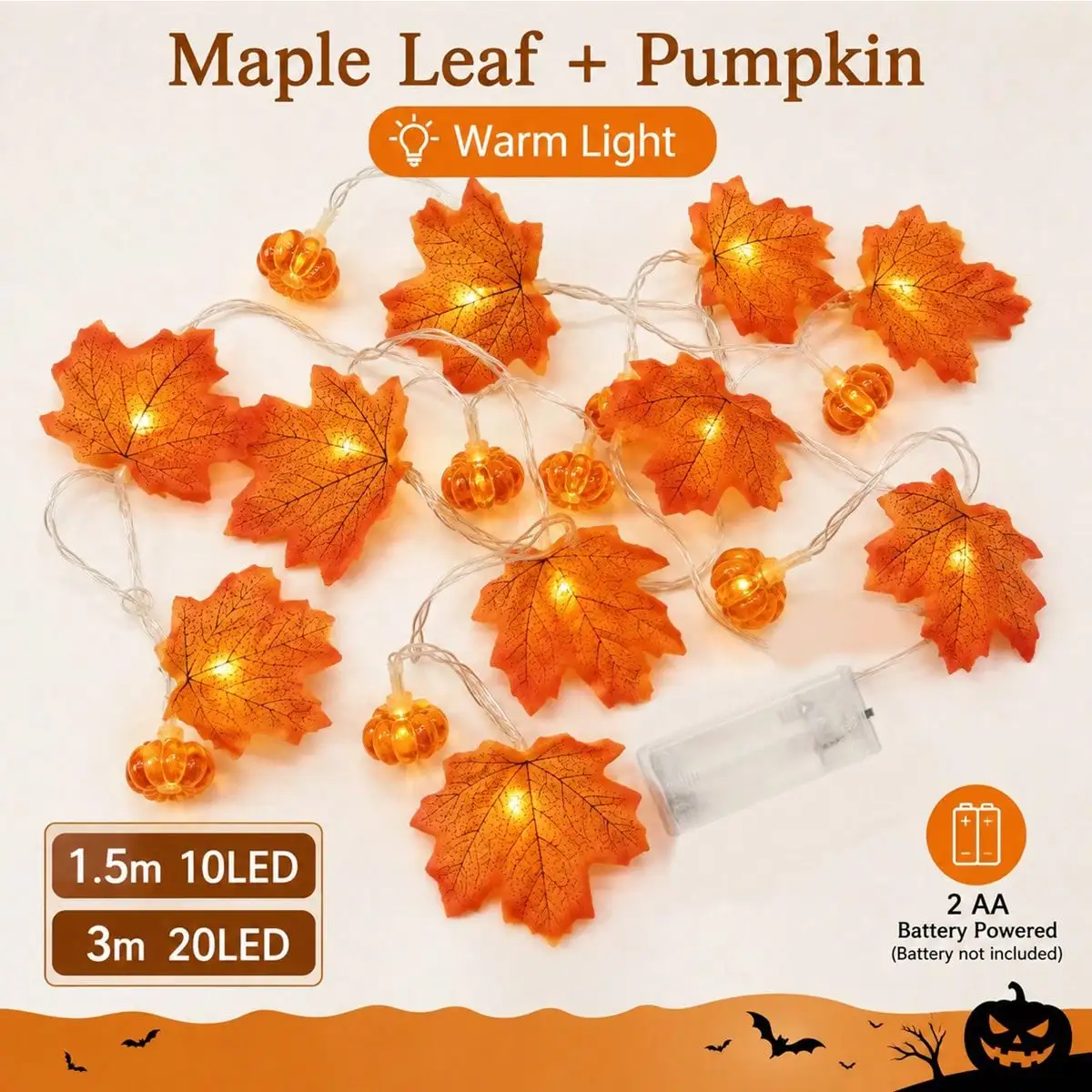 1 Stück Halloween Ahornblatt- & Kürbis-Lichterkette Herbst LED-Lichterkette für Innen- und Außenbereich Thanksgiving-Party-Dekoration