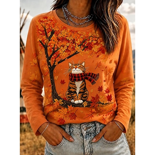 Damen T Shirt Druck Grafik Tiermotiv Katze Vintage Stilvoll Klassisch Langarm Rundhalsausschnitt Normale Oberteile Lässig Täglich Schwarz Orange Frühling Herbst Winter MAO